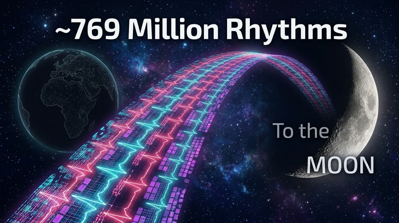 Illustration of 769 million rhythms reaching the Moon.
